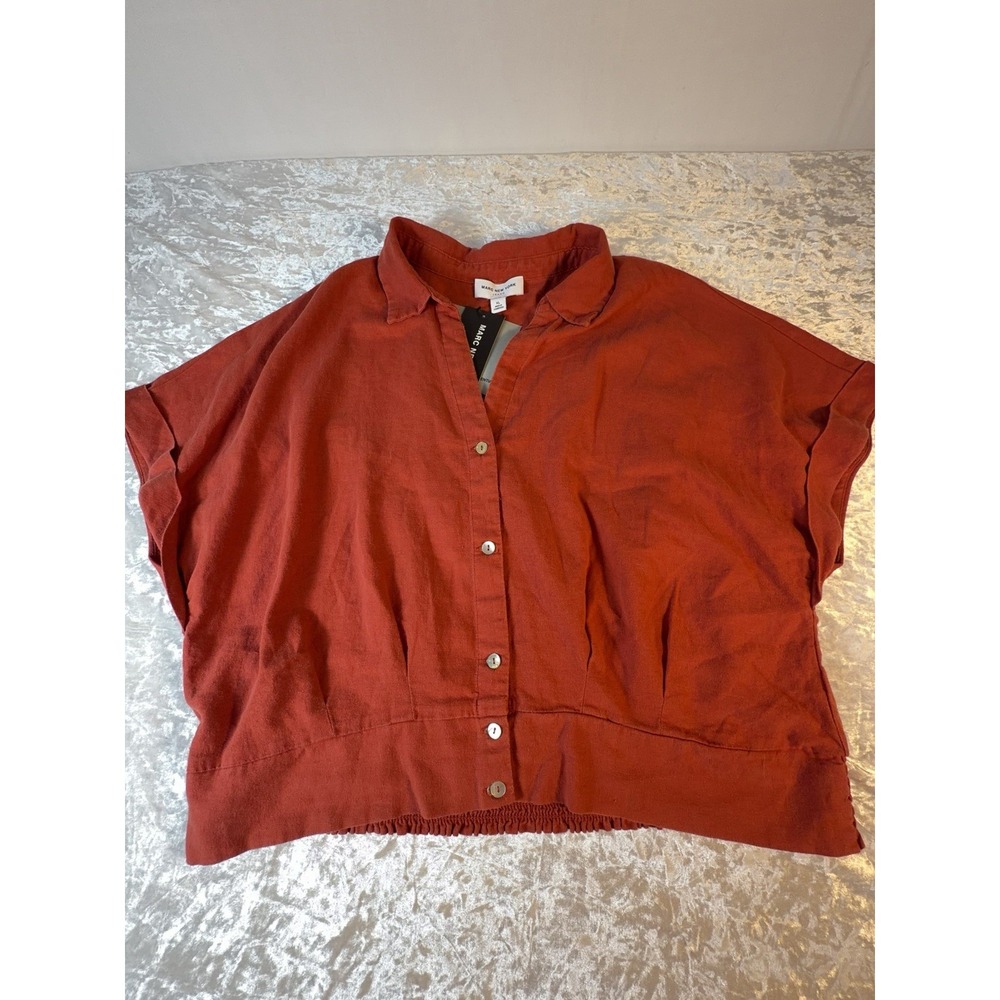 NWT Marc New York Jeans Linen Blend Crop Top XL Rust Button Front Smocked Hem